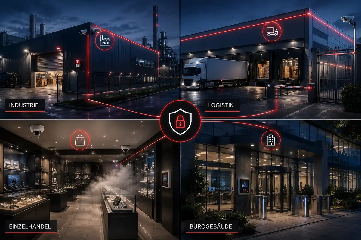 Einbruchsysteme nach Branchen: Industrie, Logistik, Einzelhandel und Bürogebäude – vier gesicherte Gewerbeobjekte bei Nacht